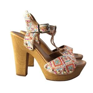 Gianni Bini Enchant heel Faux Wood Platform Sandal Floral Ankle Strap Size 7.5